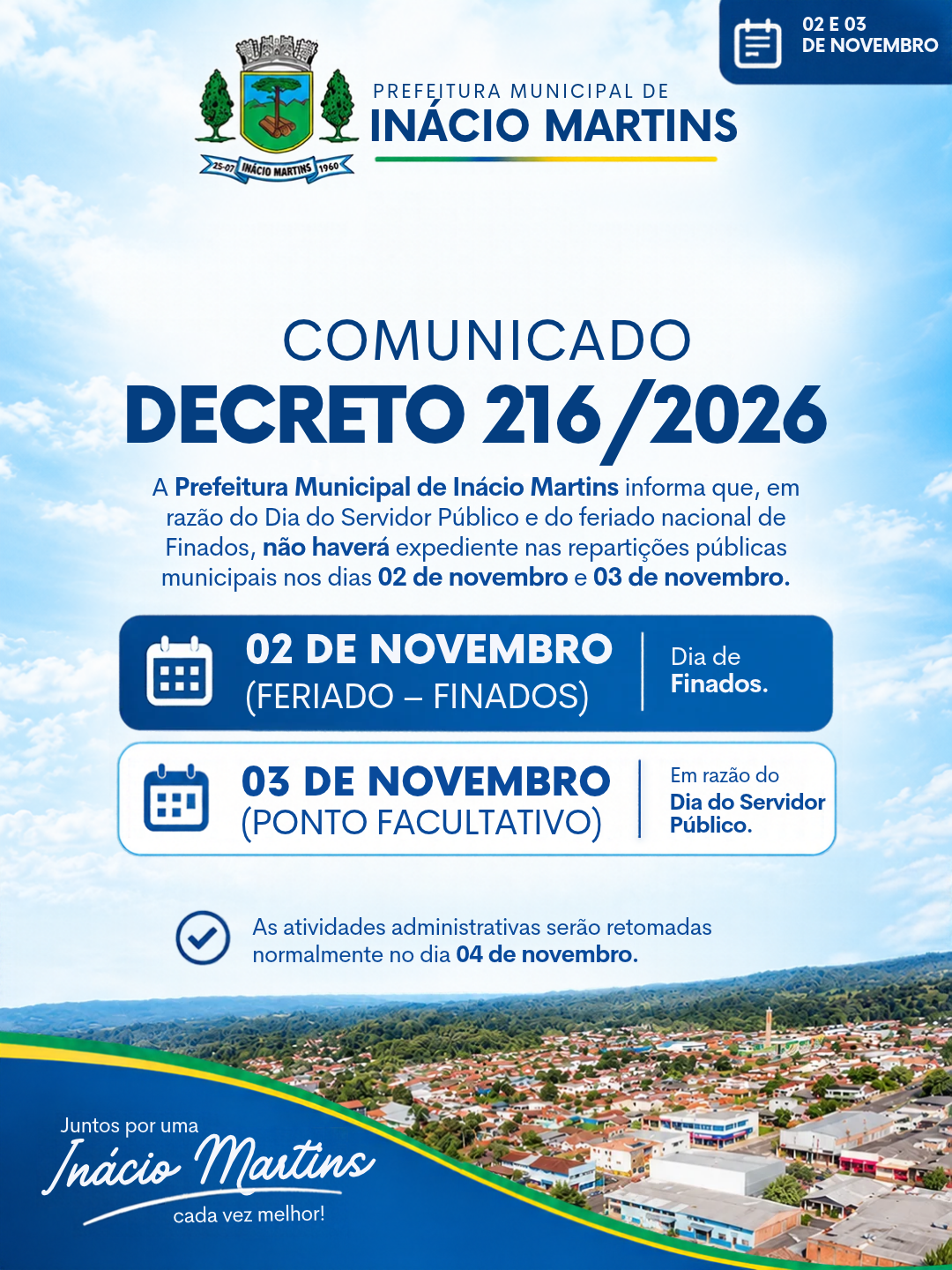 Prefeitura de Inácio Martins informa sobre feriado e ponto facultativo nos dias 2 e 3 de novembro