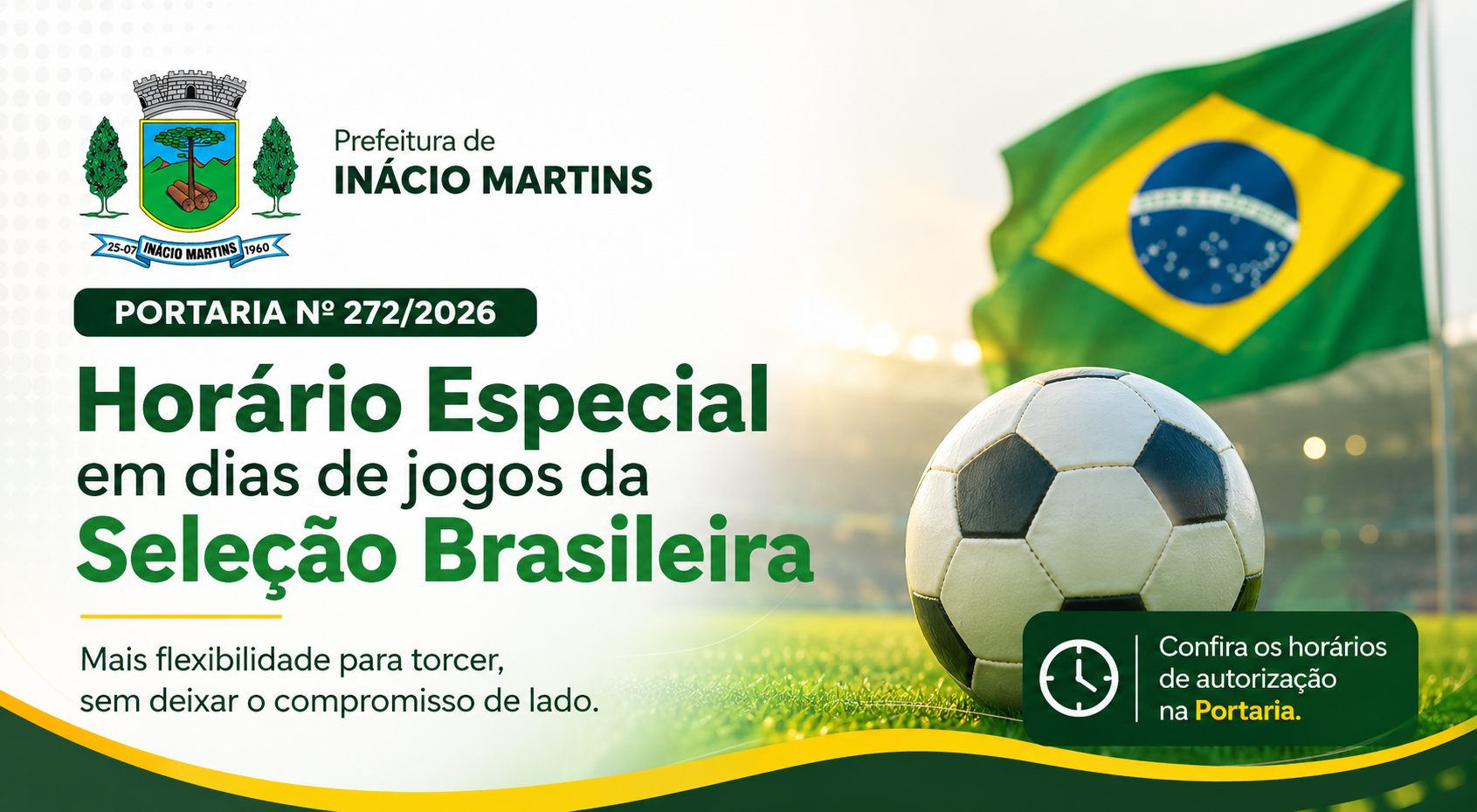 Prefeitura estabelece horário especial de expediente em dias de jogos da Seleção Brasileira na Copa do Mundo 2026